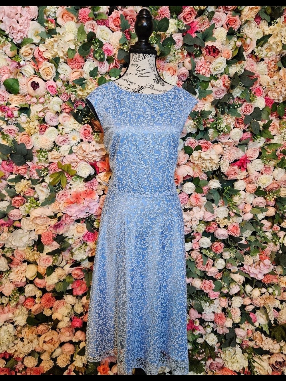 Tahari Light Blue Floral Lace Fit-and-Flare Dress